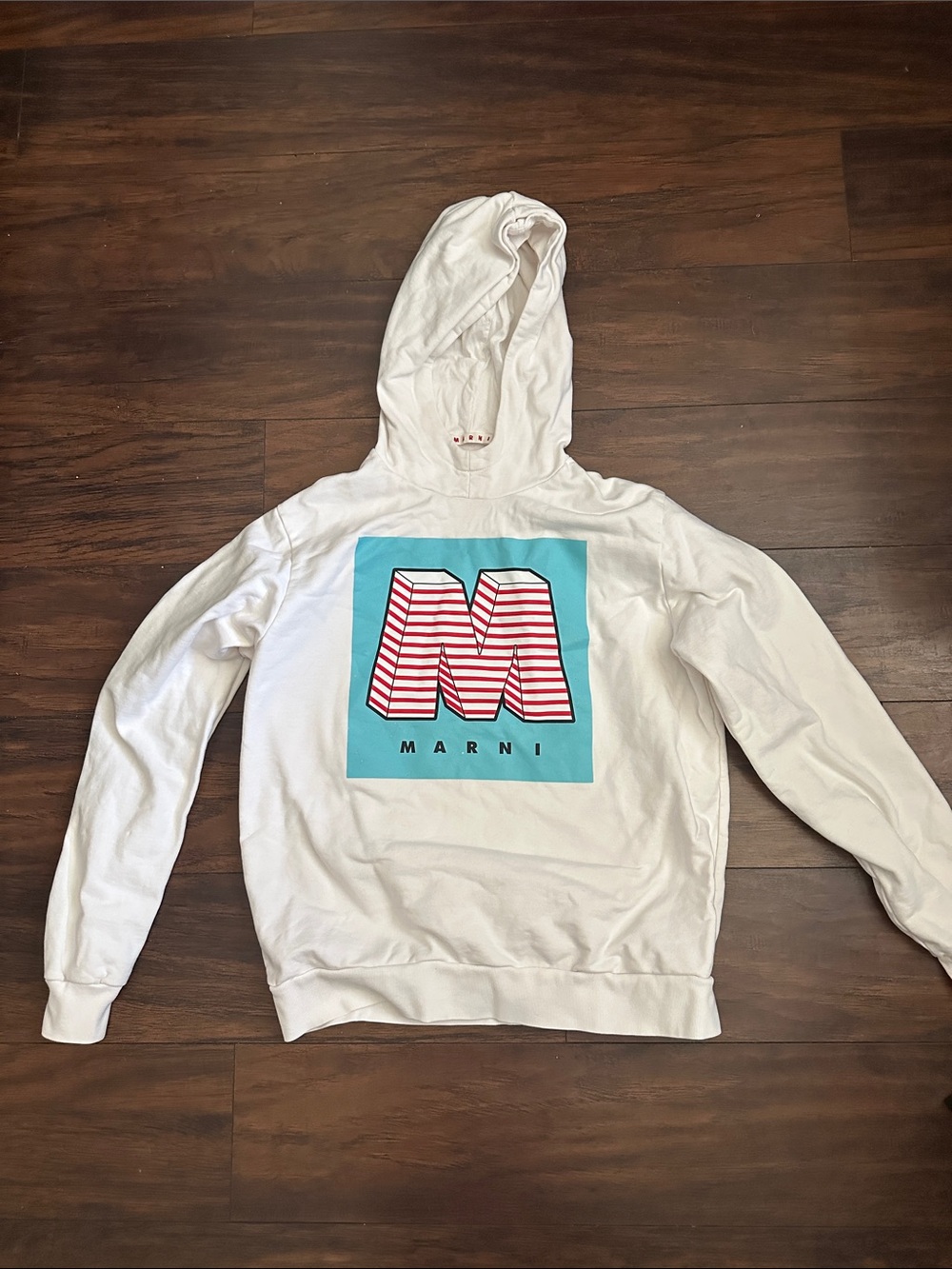 Marni White Hoodie with Turquoise Panel and Red-Striped 'M'